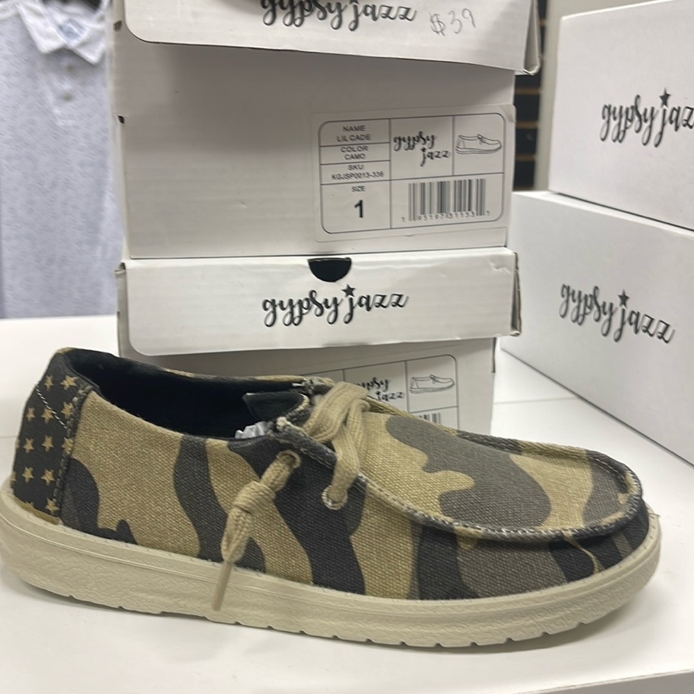 Gypsy jazz, camo boys slip on shoes
